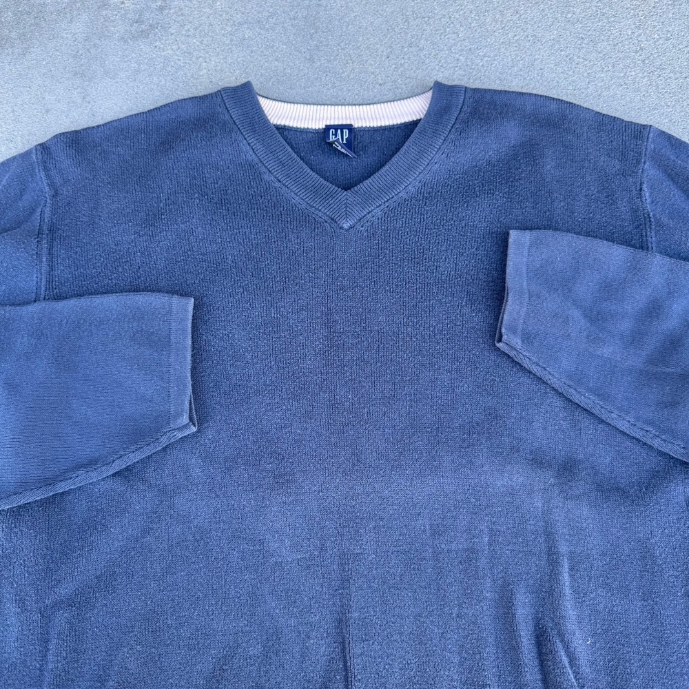 Gap Mens V-Neck Sweater Navy Blue 100% Cotton Long Sleeve Knit Size Medium